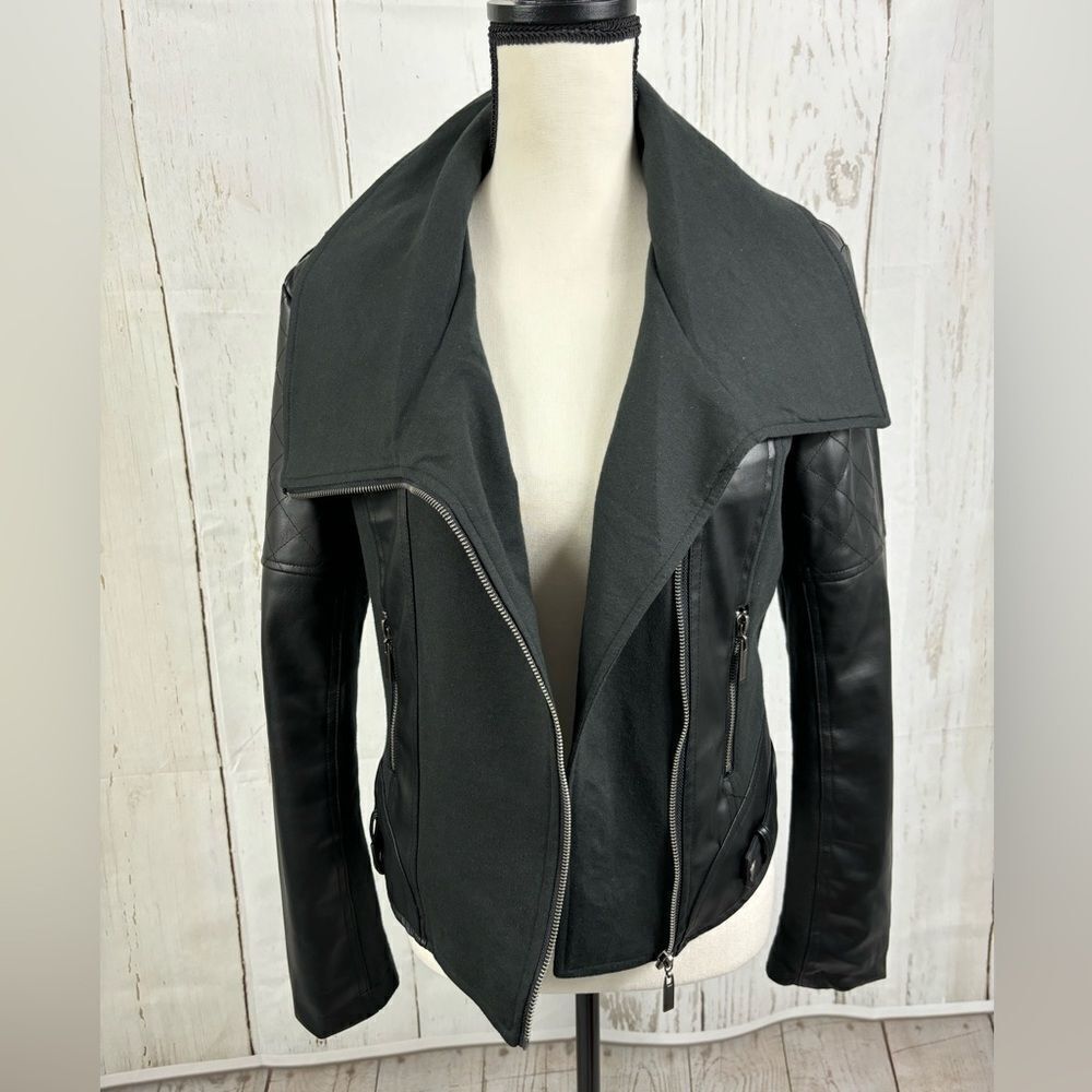 Ollie & Lala Mixed Fabric & Faux Leather Moto Jacket Black - Picture 2 of 12
